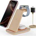 3 in 1 Wireless Charging, Wireless Charger Stand for Multiple Apple Devices, Wireless Charger for iPhone 17 16 15 14 13 12 11 Pro Max XS XR 8, Apple Watch 11 9 8 7 6 SE 5 4 3 2, AirPods 3/2/Pro (Light Wood Grain)