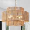 30.7in Large Rattan Chandeliers, 3-Tier Woven Boho Pendant Lights, Hemp Rope Hanging Ceiling Light, Wicker Lighting Fixture for Living Room, Dining Room, Bedroom, Kitchen Island (Brown)