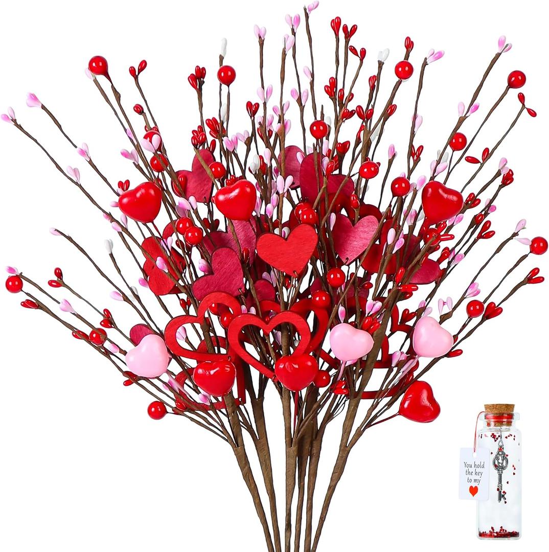 Valentine's Day Gifts, 6PCS Heart-Shaped Berry Picks, 16.5 inches, Artificial Flower, Red, Romantic/Valentine's Day, Flower Stems, Artificial Hearts