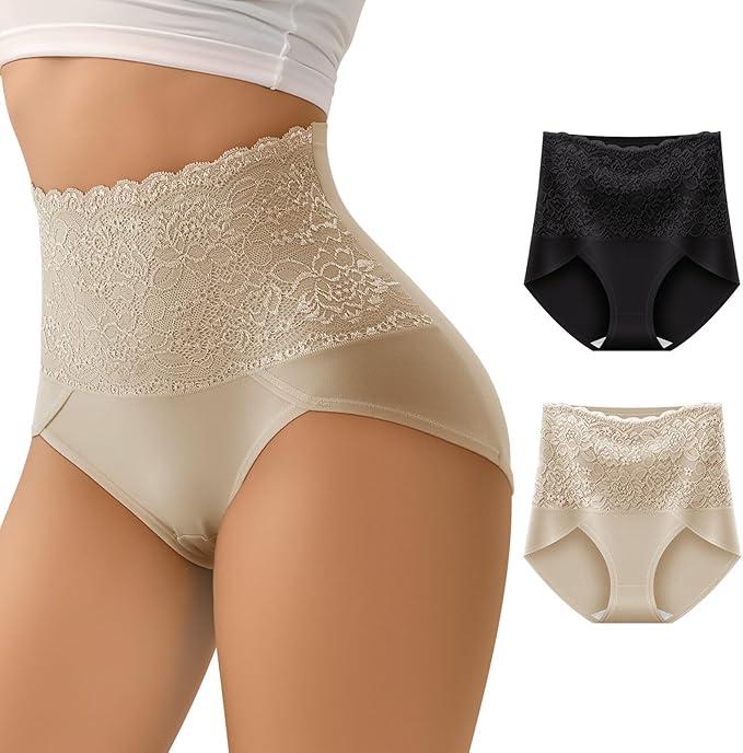 Women Tummy Control Underwear, High Waisted Lace Panties, High Cut Silky Soft Ladies Postpartum Brief 2 Pack, M