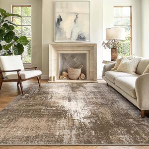Washable Area Rugs for Living Room Bedroom, 10x12 Modern Abstract Non Slip Rug, Low Pile Soft Contemporary Indoor Floor Carpet Cover for Dinning Room Kitchen, Brown