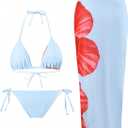 WDIRARA Women's Bikini Sets Floral Print Triangle Halter Tie Back Swimsuit with Cover Up Skirt (Blue, XS)