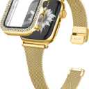 Joyozy Slim Stainless Steel Band Compatible with Apple Watch 38mm 40mm 41mm 42mm 44mm 45mm 46mm Milanese Strap with Bling Glitter Case Built-in Screen Protector Dressy Bracelet Band for Women (Gold 38mm)