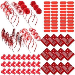 Canlierr 54 Pcs Team Spirit Items Bulk Team Spirit Week Accessories Include Pom Pom Headbands Bandana Whistles Stickers for Sports Events Cheering Essentials(Red)