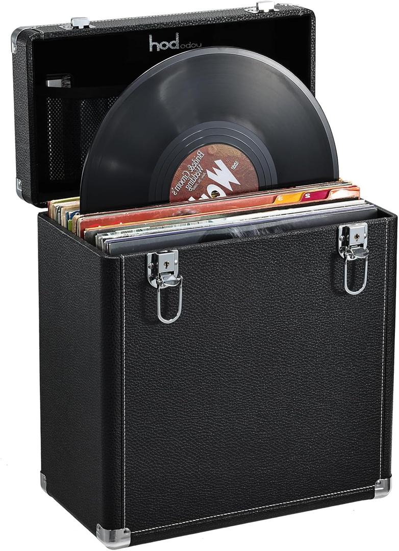 Hododou Vinyl Record Storage Box with Lock Record Organizer Storage for 30+ Single Records 12-inch Water Resistant Collapsible Storage Crate with Lid Handle Mesh Pouch for Valuable Album Collection