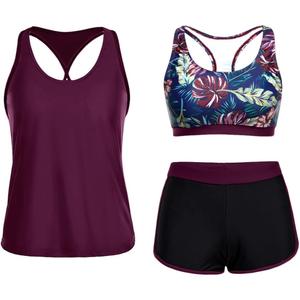 Yonique 3 Piece Athletic Tankini Swimsuits for Women with Shorts Swim Tank Tops with Sports Bra and Boyshorts Bathing Suits (Large, Maroon)