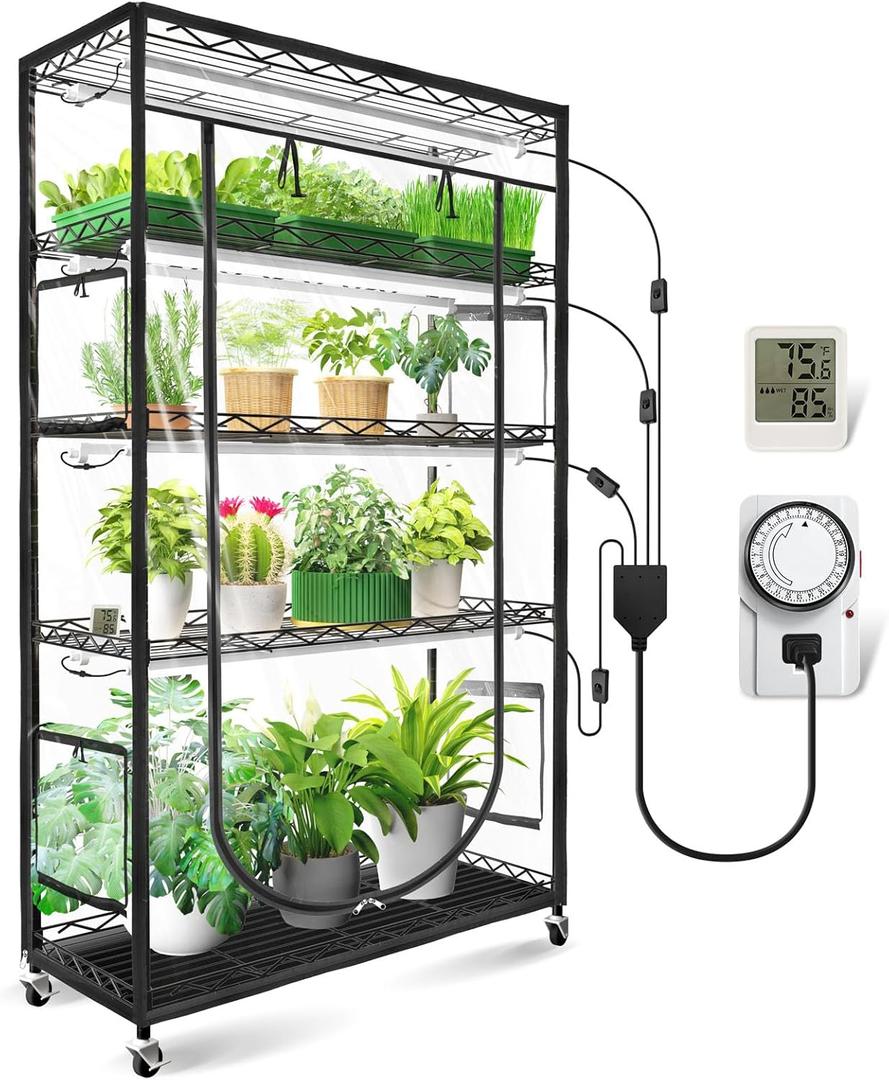 JESLED Indoor Greenhouse with Grow Light, 3FT Full Spectrum 5000K LED Light for Seed Starting, Tiered Lighting Control, Built-in Timer & Thermo-Hygrometer, Rolling Metal Plant Stand (35.4x13.8x70IN)