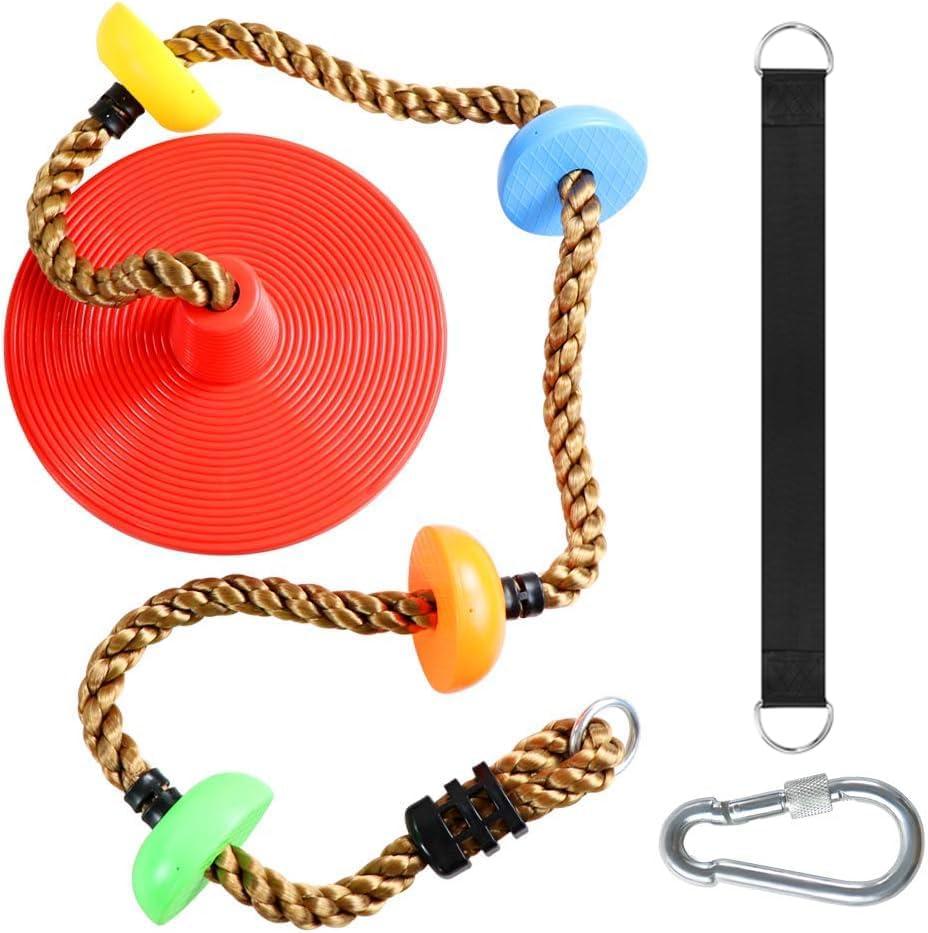 Climbing Rope Tree Swing with Platforms and Disc Swing Seat Set Outdoor Playground Accessories for Kids Including Hanging Strap & Carabiner