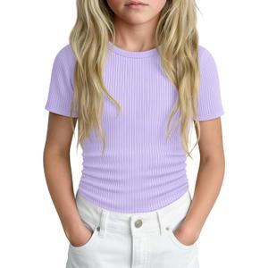 Girls' Shirt Short Sleeve Basic Top Tween Summer Ribbed T-Shirt Teen Cute Fitted Soft Tee for Kids Aged 5-14