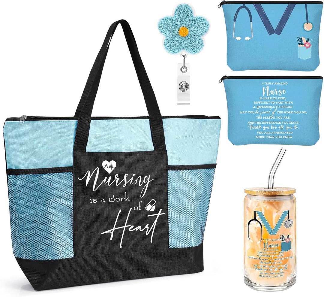 4 Pcs 2026 Nurse Week Gift Set Nursing Graduation Appreciation Gift for Women Including Nursing Tote Bag Nurse Themed 16oz Glasse Cup with Bamboo Lids Straw Makeup Bag Badge Reel