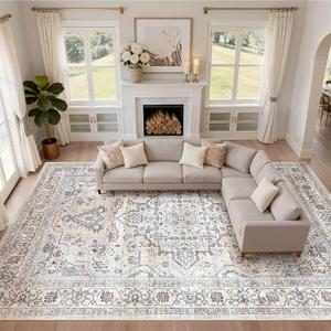 10x14 Area Rugs Washable Vintage Boho Living Room Rug Ivory Gray
Neutral Soft Stain Resistant Farmhouse Non-Slip Indoor Floor Retro Carpet for Bedroom Nursery Kids Office