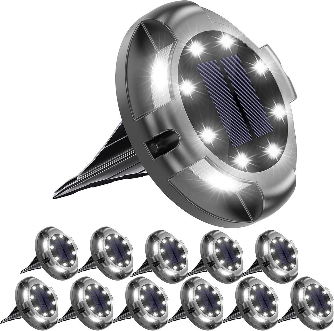 Biling Solar Outdoor Lights Walkway Lights 12 Packs, Bright Solar Ground Lights Uplight Sidelight Waterproof for Yard Walkway Garden Poolside (White)