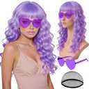 Light Purple Wave Wig for Women with Heart Sunglasses, ROOKEA Colored Long Curly Wigs with Hair Cap Wavy Curls Funny Hair for Bachelorette Costume Photography Birthday Sorority Mardi Gras Party Favors