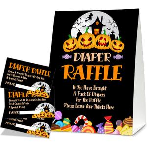 3 x Halloween Diaper Raffle Game Sign And Tickets, Happy Halloween Baby Shower Invitations Game Sets Decorations Celebrated The Upcoming Baby's Arrival, 1 Standing Card With 50 Raffle Tickets -A04
