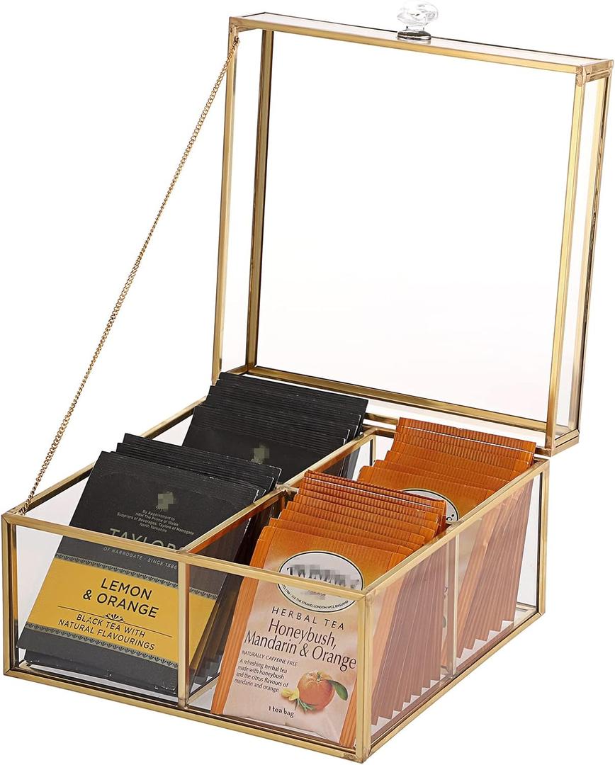 ELLDOO Gold Glass Tea Bags Box with Lid, Trinket Jewelry Box Countertop Storage for Sugar Packets Makeup Sponges Jewelry, 4 Grids, Glass Box Only
