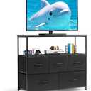 TV Stand, 5 Fabric Drawers Dresser Entertainment Center for TV up to 45 inch Wooden Media Console Table Storage Organizer with Open Shelf, for Living Room, Bedroom, or Small Space, Black