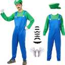 Halloween Costume Men Adult,Plumber Jumpsuit Cosplay Costume with Hat Gloves Moustache Accessories Set (Large, Green)