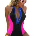 BIKINX Women One Piece Bathing Suit Tummy Control Swimsuits High Neck Zip Front Monokini Color Block Rash Guard Swimwear Size L