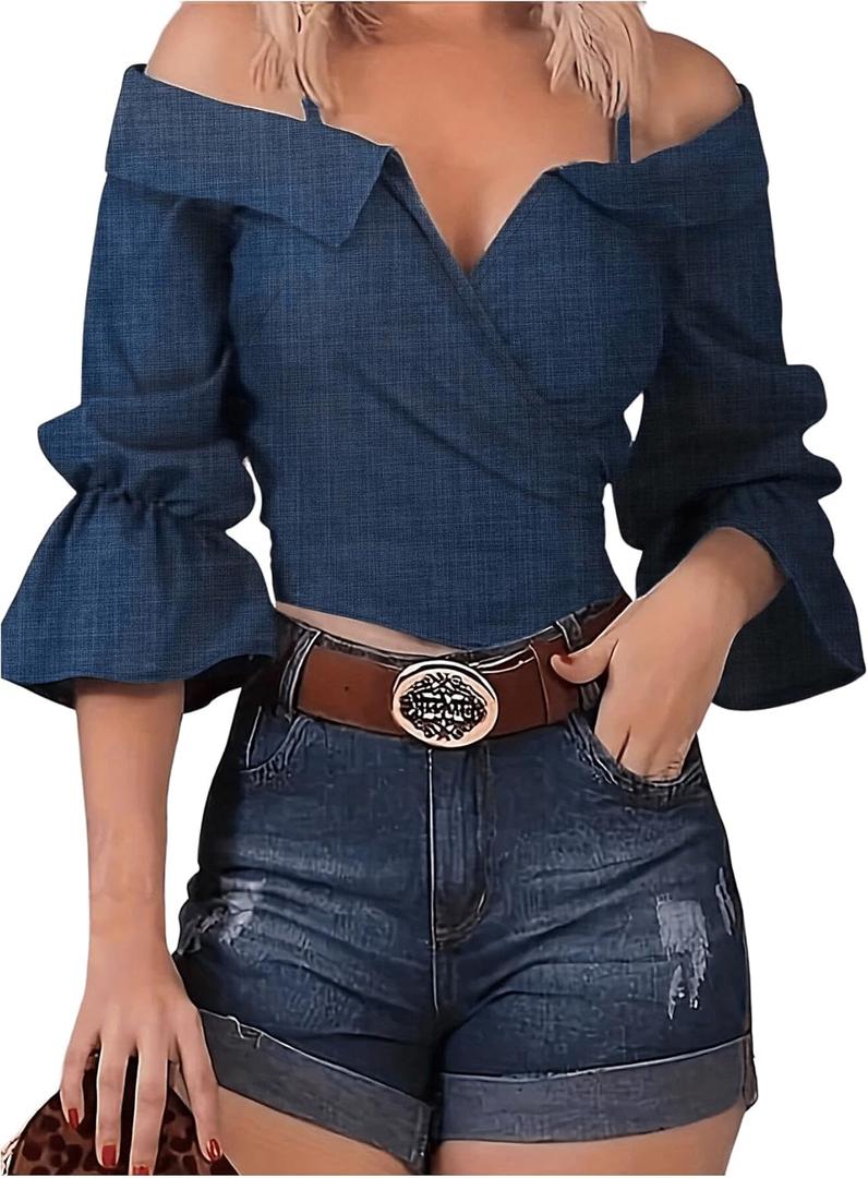 SweatyRocks Women's Cold Shoulder Wrap Crop Blouse 3/4 Length Sleeve Ruffle Hem Dressy Shirt Tops (Blue, XL)