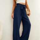 IWOLLENCE Women's Wide Leg Pants with Pockets High Waist Adjustable Knot Loose Casual Trousers Business Work Casual Pants (Blue, L)