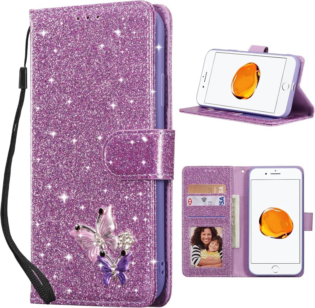 UEEBAI Wallet Case for iPhone 7 Plus/iPhone 8 Plus, Glitter PU Leather Phone Case Card Slots Kickstand Case Magnetic Closure Bling Flip Case Shockproof Hand Strap Flip Cover - Glitter Purple