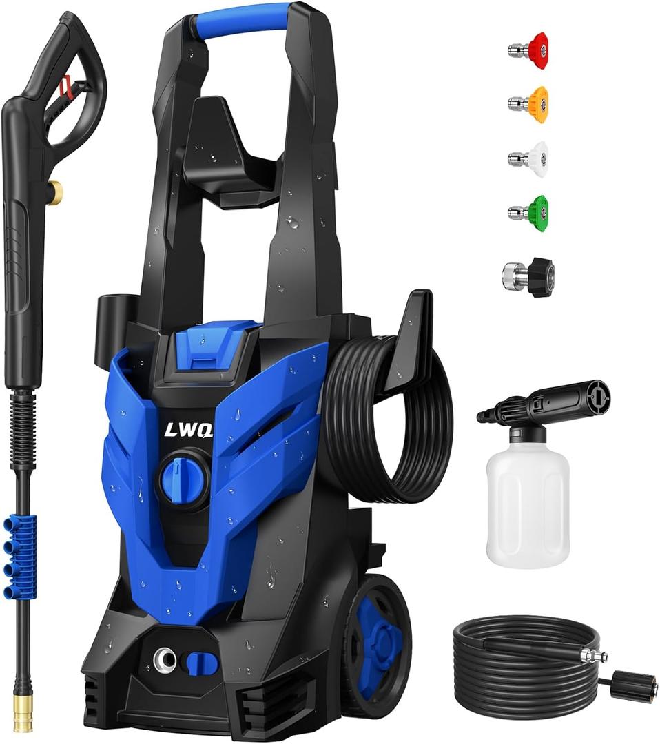 Electric Pressure Washer, 2.5 GPM Power Washer with 4 Quick Connect Nozzles, High Pressure Cleaning Machine with Foam Cannon for Cars/Fences/Driveways/Patios/Home Cleaning (Blue)