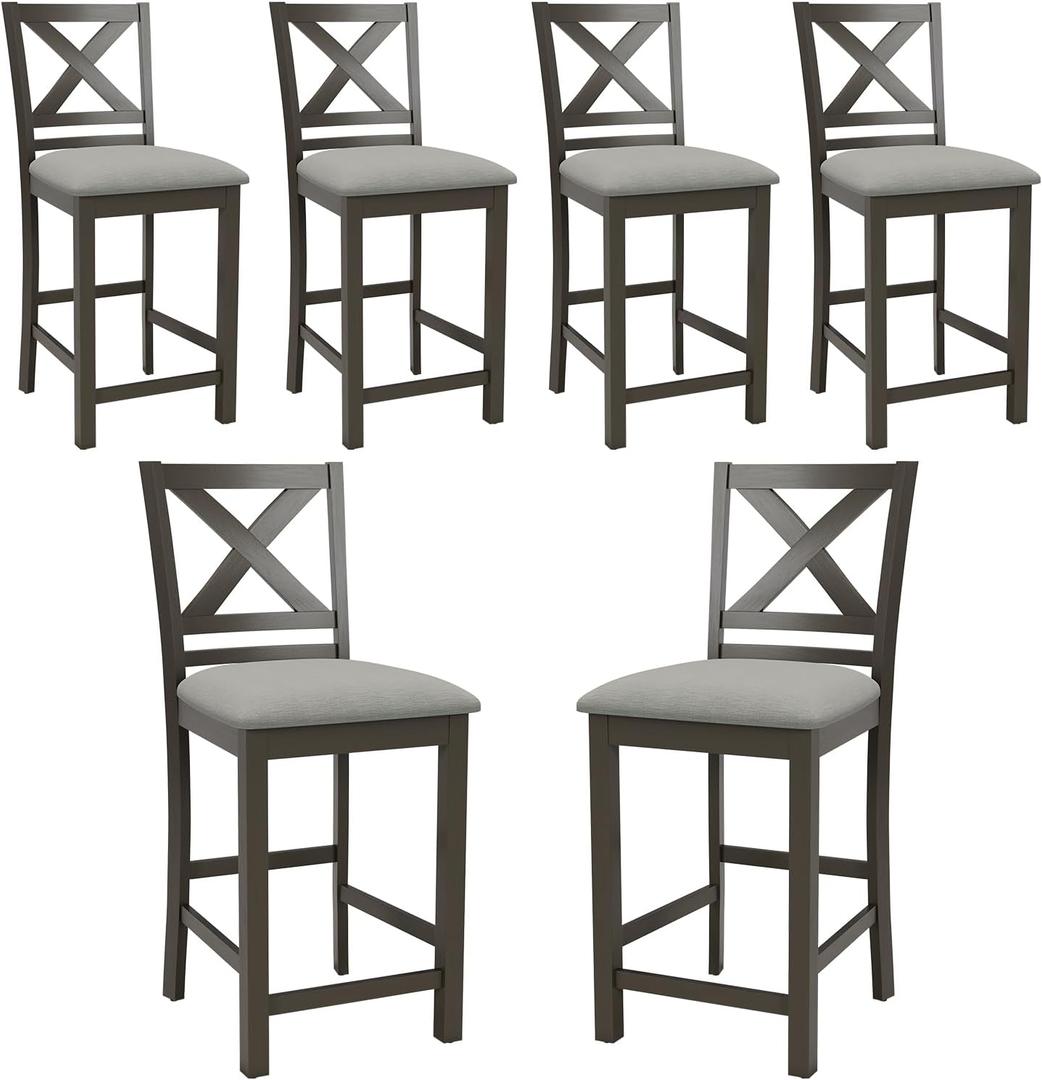 Upholstered Counter Height Bar Stools Set of 6, Modern Kitchen Island Barstools Chairs with Cross Back and Wood Legs for Dining Room Bar, Dark Grey (Charcoal)