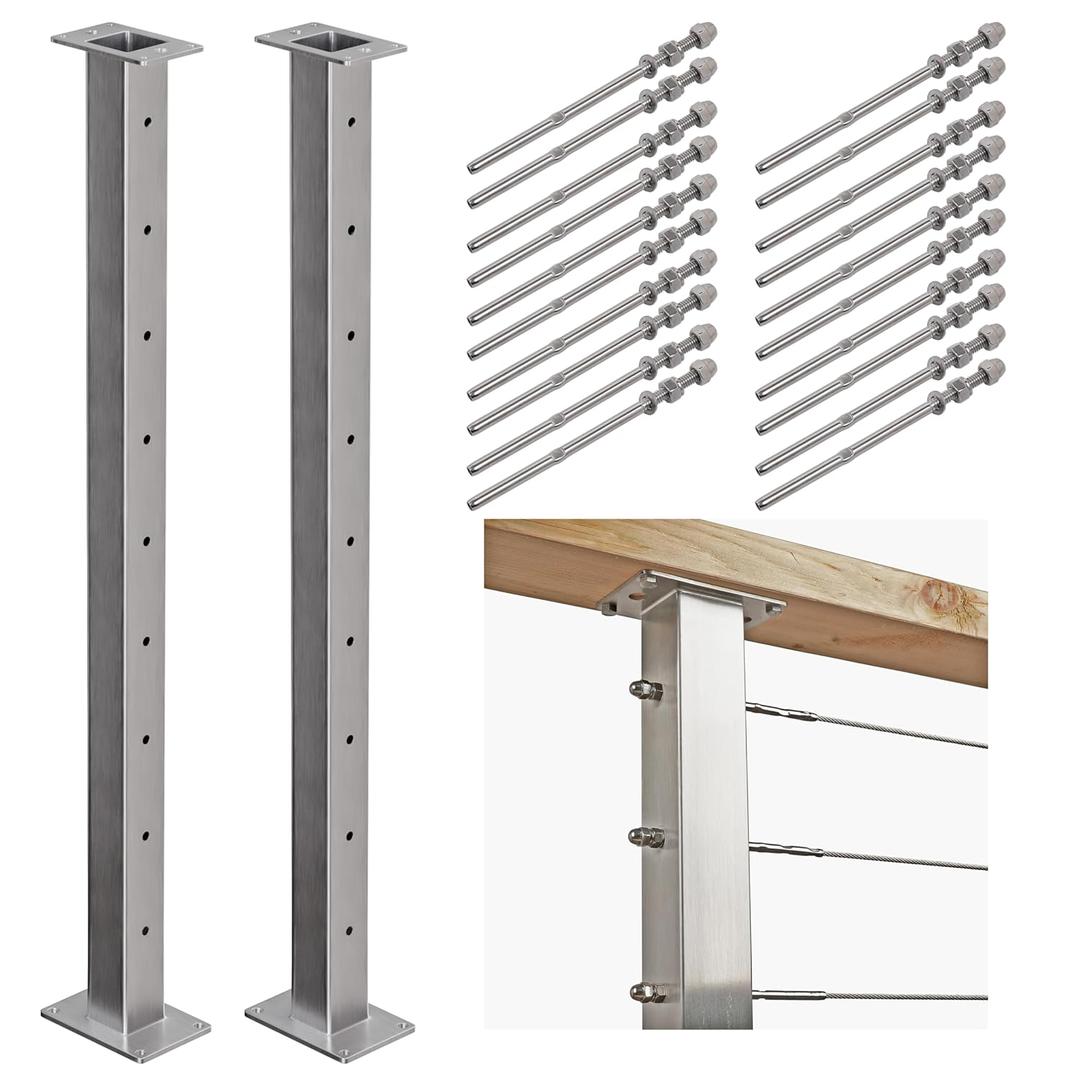 2 Pack Stainless Steel Cable Railing Post(2"2") with 1/8 Cable Railing Kit, Level drilled (2, Silvery, 36 inch)