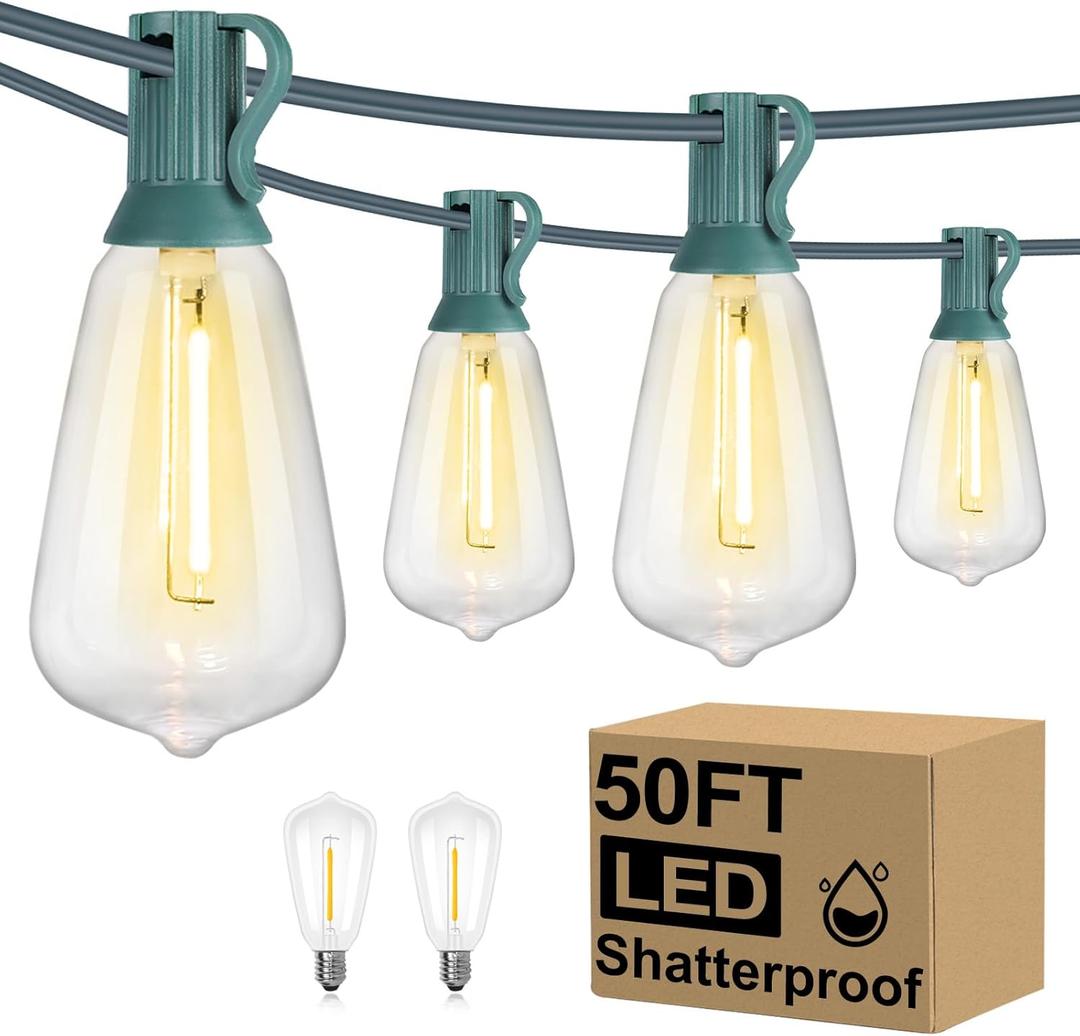 Brightever 50FT Outdoor String Lights Waterproof, 2700K Bright LED Patio Lights with 27 ST38 Shatterproof Vintage Bulbs, Retro Edison String Lights for Outside, Garden, Christmas Decor, Green Wire (50FT-Warm White)