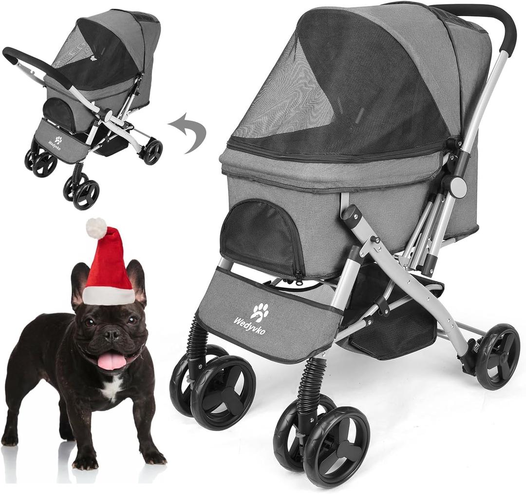 Wedyvko Upgraded Dog Stroller for Medium Dogs 55 lbs - Pets Stroller with Reversible Handlebar, 4 360 Wheels, Foot Brake, Wide Mesh Canopy, 2 Security Leashes, Cup Holder, Storage Basket, Dark Gray