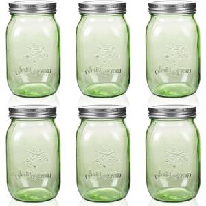 Amzcku 32 oz green Mason Jars with Lids, 6 Pack Wide Mouth Quart Canning Jar, Safe For Storage, Canning, Pickling, Preserving, Fermenting, DIY Crafts & Decor