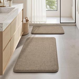 HOMEIDEAS Memory Foam Bathroom Rugs Set 2 Piece, Ultra Absorbent Quick Dry Bath Mats, Linen-Like Boho Bathroom Rug Set for Bath Floor, Shower & Tub (Beige, 32"x20" + 24"x17")