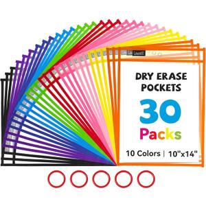 Gamenote 30 Pack Dry Erase Pockets with 5 Rings, 10 Assorted Colors 10x14 Oversized Reusable Plastic Sleeves, Clear Sheet Protectors, Teacher Supplies for Classroom Organization