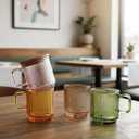 Ribbed Glass Coffee Mug with bamboo lids and handle, so cute, 12oz Tea Drinking Glasses, Fluted Design, Ideal for Water, Iced Coffee, Juice, Latte, Milk, Gift (Colored)