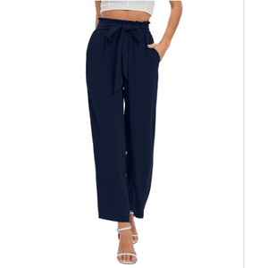 NiMin Women's Wide Leg Lounge Pants with Pockets Lightweight High Waisted Adjustable Tie Knot Loose Trousers, S