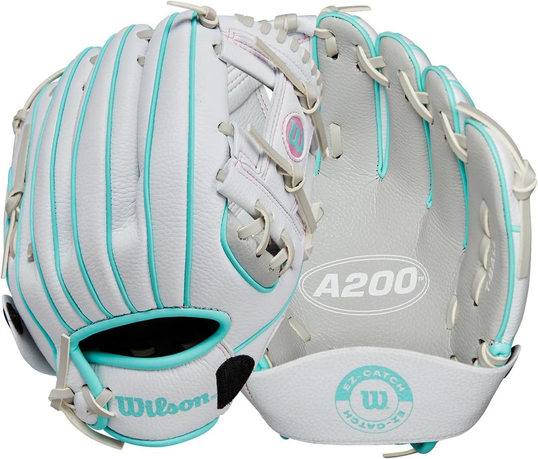 Wilson 2024 A200 EZ Catch 10” T-Ball Glove - Left Hand Throw, Silver/ White/ Teal