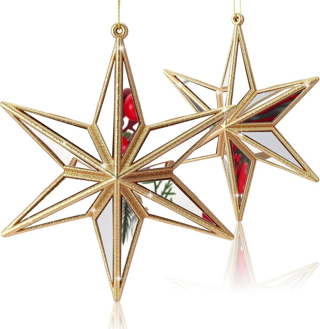 Vertintong 6 Pcs Golden Mirrored Star Ornament 5 Inch Gold Christmas Star Ornament Glitter Xmas Tree Hanging Decor for Christmas Holiday Party Decoration