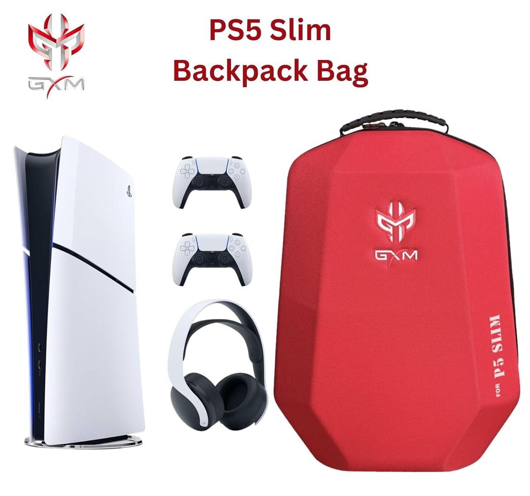 GXM PlayStation 5 Slim Carrying Backpack, Polyester & EPE Material, Canvas Shell, Shockproof, Durable, Dustproof Travel Case for PS5 Slim Console, Controllers, Game Disc, HDMI, and Accessories
