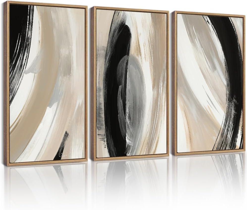 KUVIOKE Black Neutral Abstract Framed Wall Art Modern Minimalist Graffiti Pastel Wall Decor Art for Bedroom Living Room Hallway Ready to Hang 16x24in (Natural Framed) (24L" x 16W" x 3 Panels Natural)
