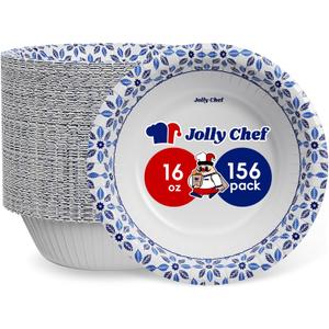 JOLLY CHEF 16 oz Paper Bowls 156 Count Soak Proof, Heavy Duty Printed Disposable Small Bowls Bulk for Dinner or Thanksgiving