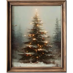 HubbgDesign Vintage Christmas Tree Wall Decor, Christmas Decoration, Forest Wall Art Decor, Rustic Winter Holidays Wall Art, Print Unframed (11x14in, Christmas Tree with Lights)