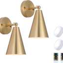 MWZ Gold Battery Operated Wall Sconces Set of Two,Wireless Indoor Lighting with Remote Control, Modern Dimmable 2 Color Temperatures Adjustable Angle Wall Mount Lamp with Brass Metal Shade