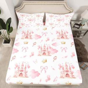 Kids Pink Castle Bedding Ser,  Cute Bowknot Bedding Set Boys Girls Girls Dreamy House Fitted Sheet Fairytale Teens Bedroom Decor Bed.