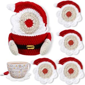 5 Pcs Christmas Crochet Coaster Gift Set Santa Claus Coaster with Body Storage Basket Xmas Handmade Present Woven Cup Mats Kit for Christmas Party Gifts Holiday Kitchen Office Home Decor