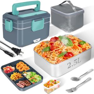 3.5L Super Large Electric Lunch Box Food Heater-Heated Lunch Box for Adults Men With Dual layer(2.5L 304 SS & 1L PP Fruit Container) 90W (12V/24V/110V) lonchera elctrica porttil for Work/Car /Truck (Duck blue)