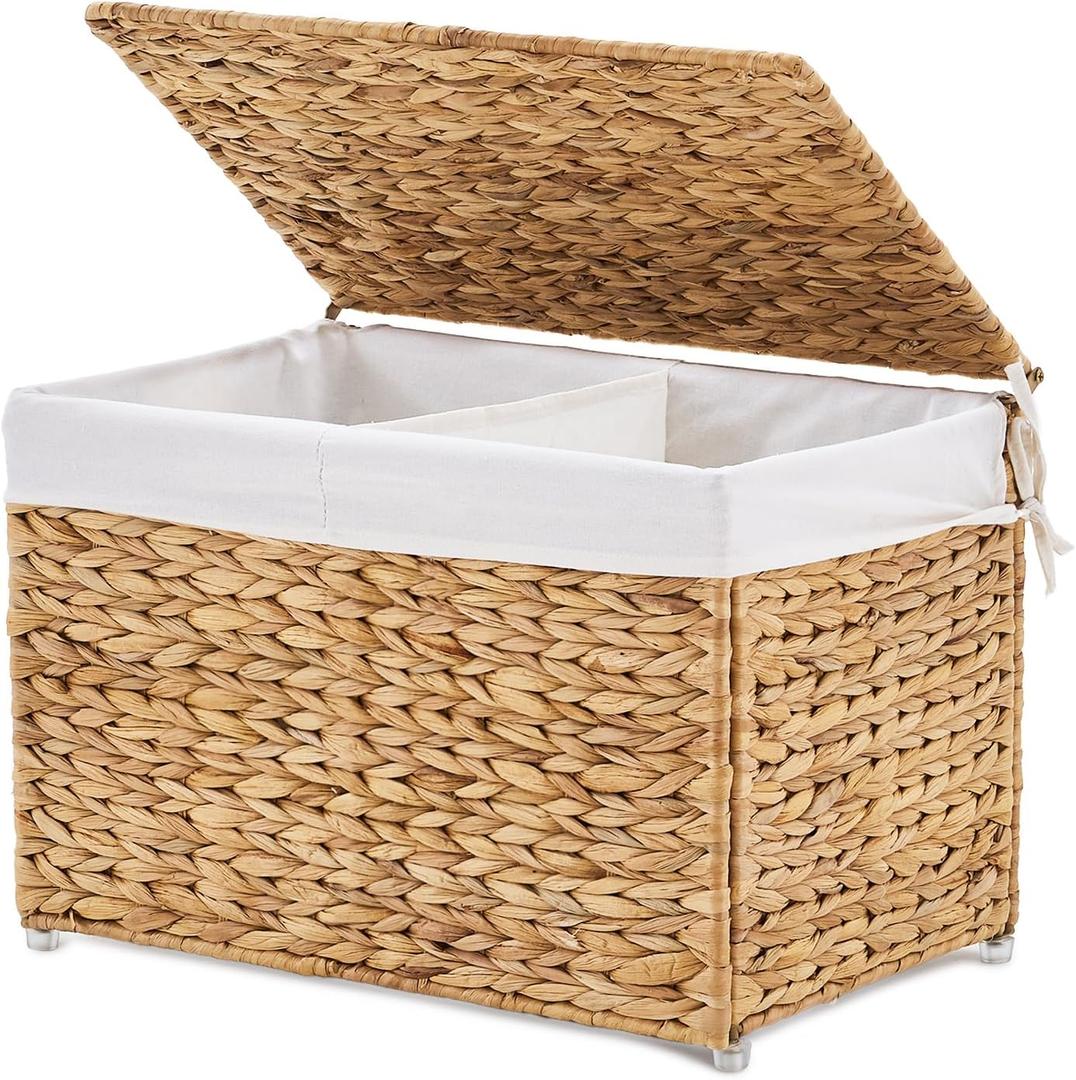 Storage Basket with Lid, Woven Wicker Shelf Basket with Removable Liner, Metal Frame Rattan Storage Trunk with Handle for Laundry, Bedroom, Living Room, Office (Natural, 65L)