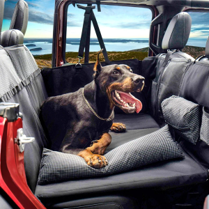 Dog Car Seat Cover for Back Seat, Hard Bottom Back Seat Extender for Dogs with Pillow & Storage Pocket, Waterproof Dog Hammock for Car with Harness & Mesh Window for Car, SUV, Truck (Black)