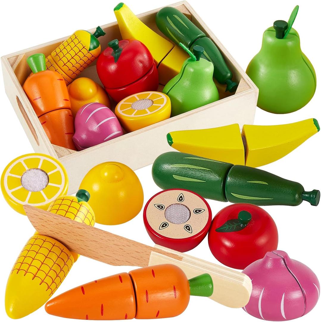 Wooden Play Food for Toddlers 2 Year Cutting Fruits Vegetables Toys | Toy Foods Pretend Play Kitchen Accessories Fruits and Veggies for Kids to Cut Montessori Gifts for Boys Girls 18 Months+
