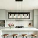 5 Lights Modern Farmhouse Metal Black Chandelier for Dining Room, Adjustable Height Linear Rectangular Pendant Light Fixture for Kitchen Island