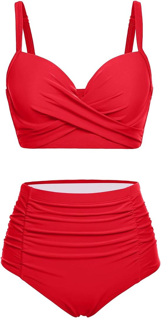 Yonique Women Underwire Bikini Set High Waisted Tummy Control Swimsuit 2 Piece Push Up Bathing Suit (Large, Solid Red)